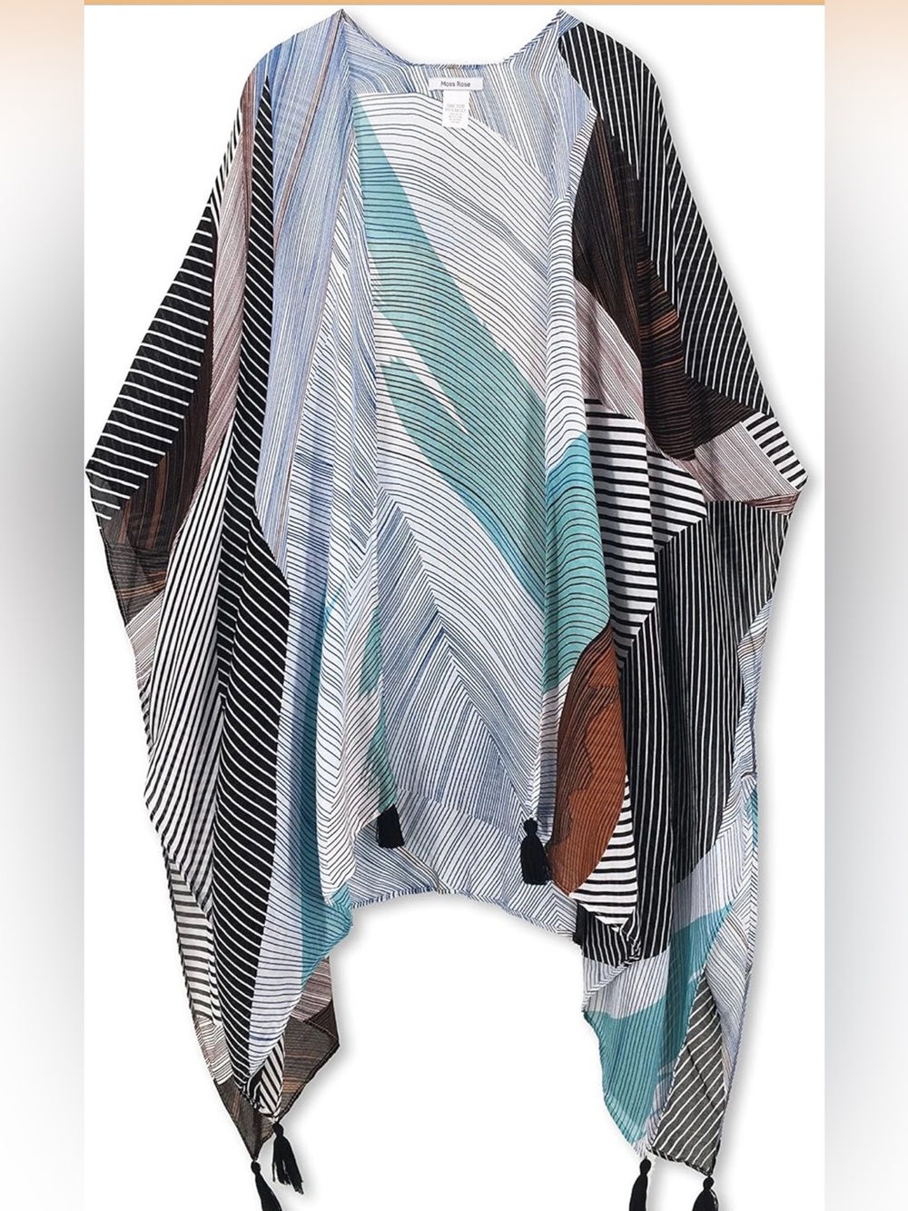 Striped Abstract Print Lightweight Kimono Cover-Up in Teal, Black, Brown